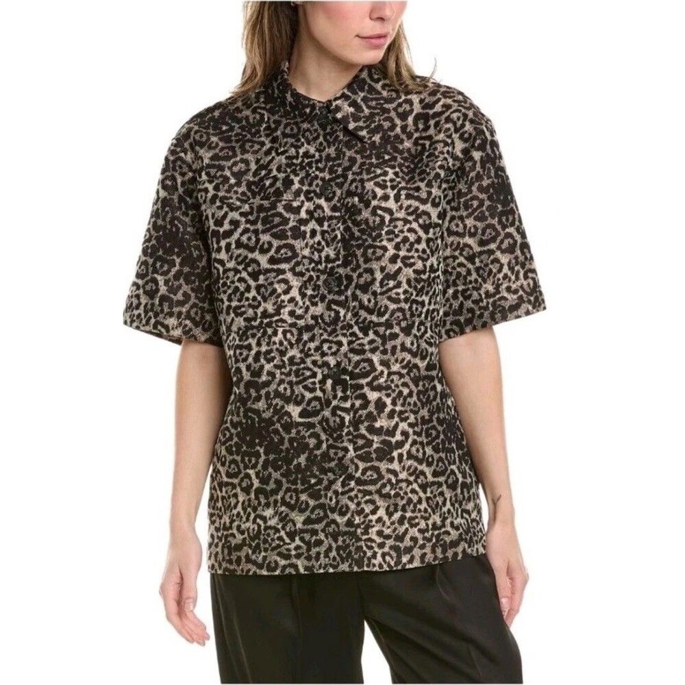 ALLSAINTS Jemi Leopard Print Button-Up Shirt 6 Womens Relaxed Boxy Metallic New